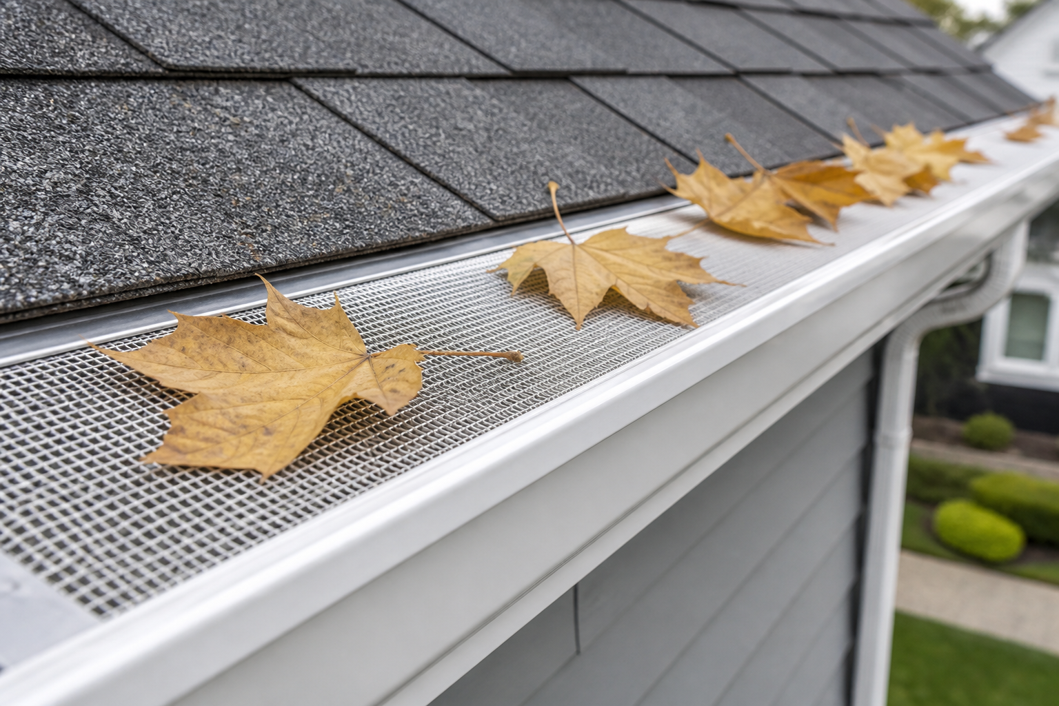 White gutter with micro-mesh guard and autumn leaves on the screen