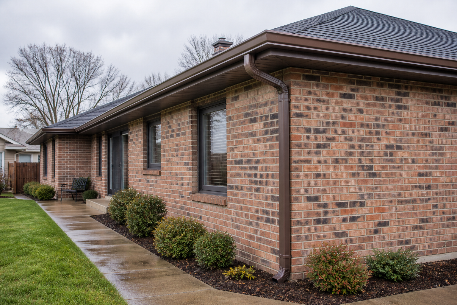 Bronze seamless gutters and downspout on a brick ranch home