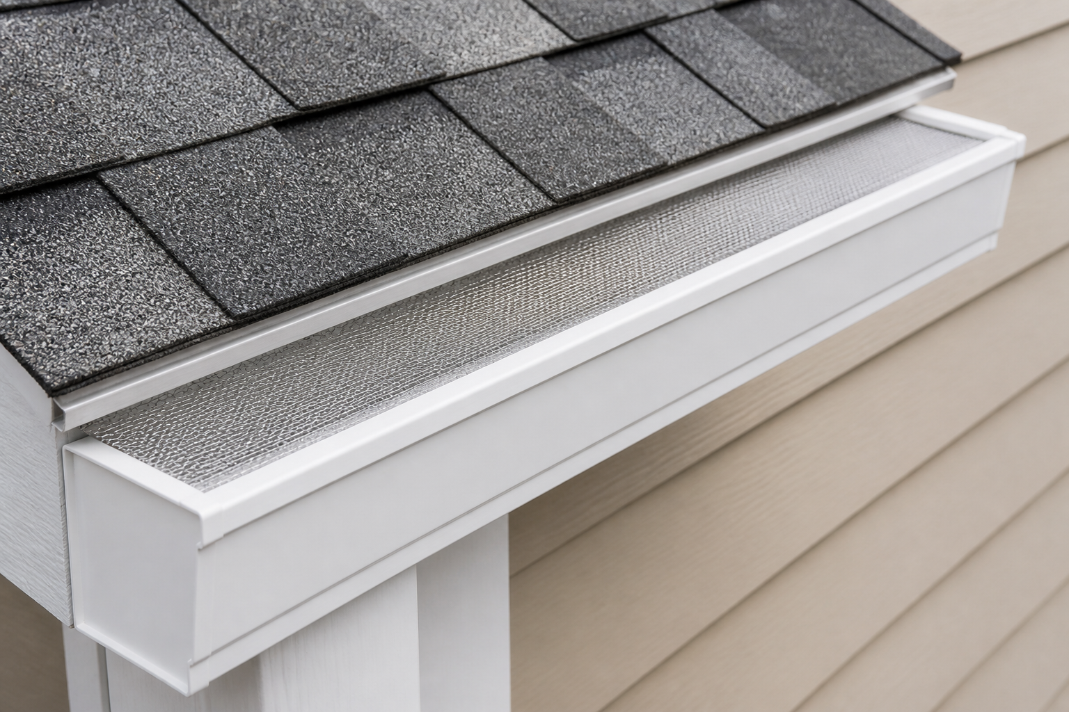 Seamless aluminum gutter with micro-mesh guard under roof shingles